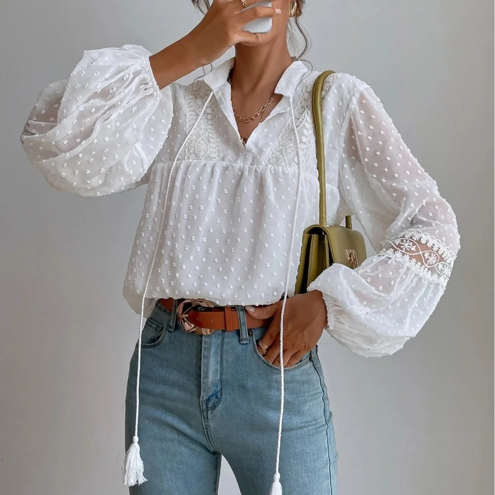 Swiss Dot V neck Tassel Tie Semi Sheer Long sleeve Top